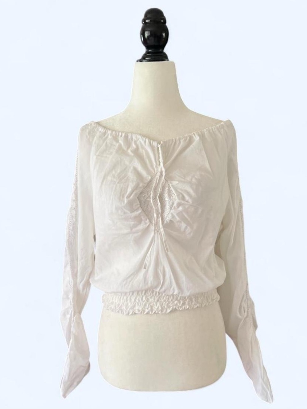 Mushka Cream White Off Shoulder Lace Trim Smocked Blouse NWT Small